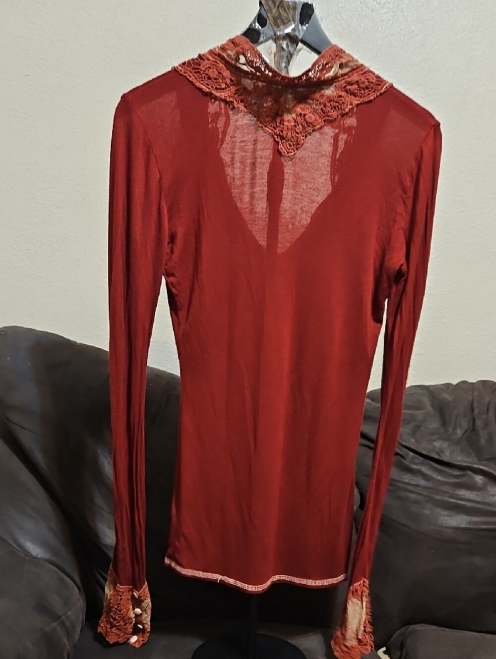 Scrapbook Originals Deep V Lace-Trim Long Sleeve Top - Rust - Picture 4 of 6
